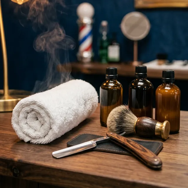 Steaming rolled hot towel, straight razor and shaving brush on a walnut counter