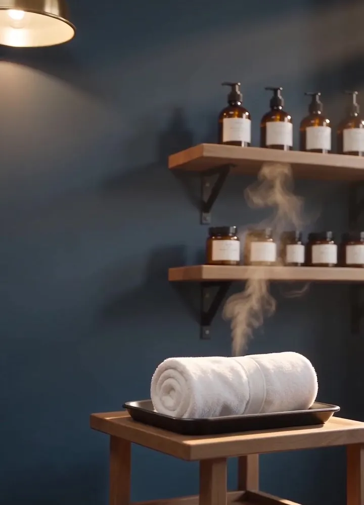 Navy shop wall with a brass lamp and shelves of grooming products