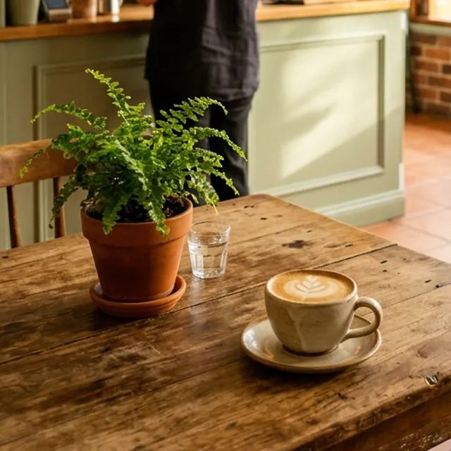A potted fern and a latte on a weathered timber table in a sunny cafe
