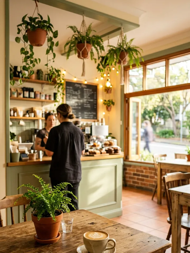 Sunny cafe interior with hanging ferns, a sage-green counter and timber tables