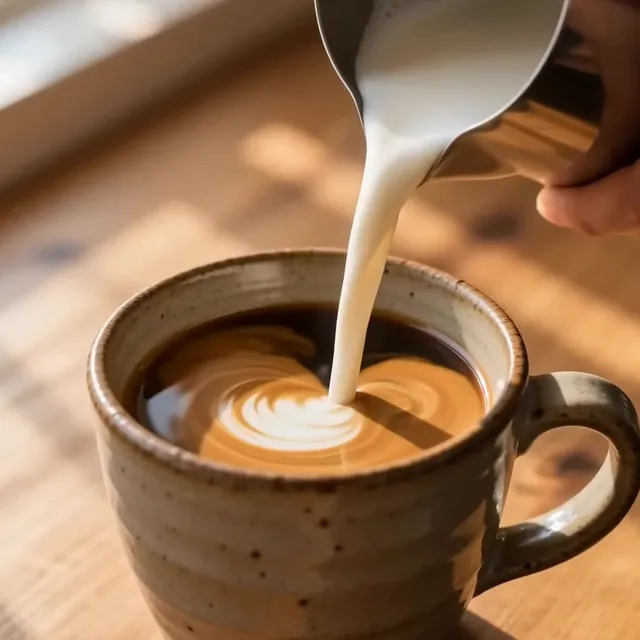 Barista pouring silky milk into a flat white