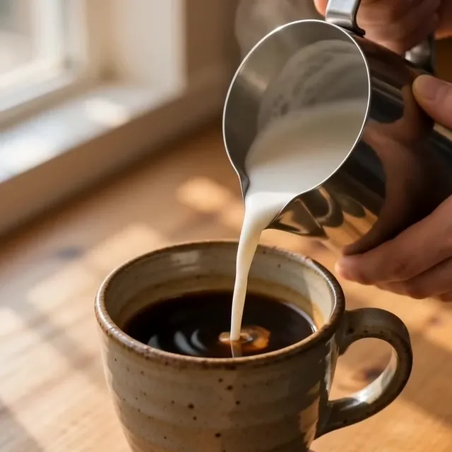 The first pour of milk into a fresh espresso