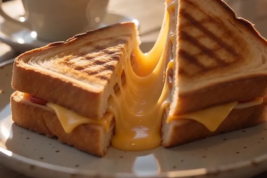 A golden toastie with a long cheese pull