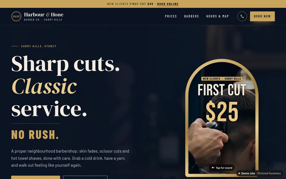 Harbour and Hone Barber Co. demo website: navy and brass design with a promo video in a mirror frame