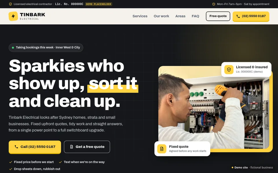 Screenshot of the Tinbark Electrical demo website: bold headline, call button and an electrician at a switchboard